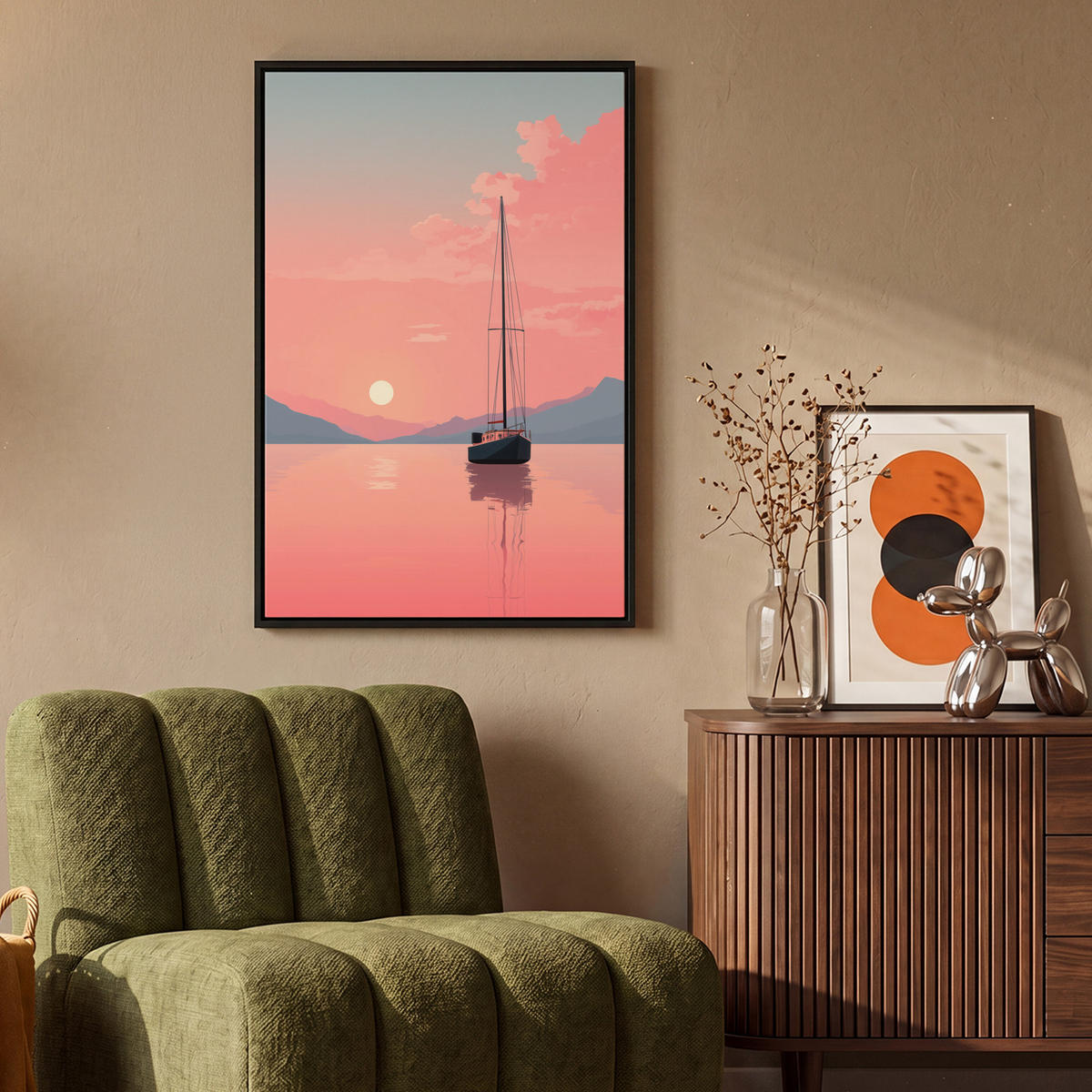 LEINWAND Bilder mit Rahmen - Segelboot - Rosa Meer - Sonnenuntergang - Berge - 60x90 - Rosa, Textil (60/90cm) - OnlyWow