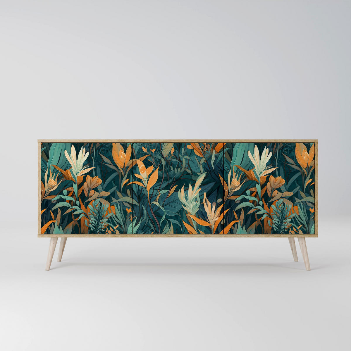 SIDEBOARD FLORAL SERENITY, Eicheneffekt, 164,5x42x77,5 cm, 3 Türen - Eichefarben/Buchefarben, Holzwerkstoff/Buchenholz (164.5/77.5/42cm) - SpaceRebels