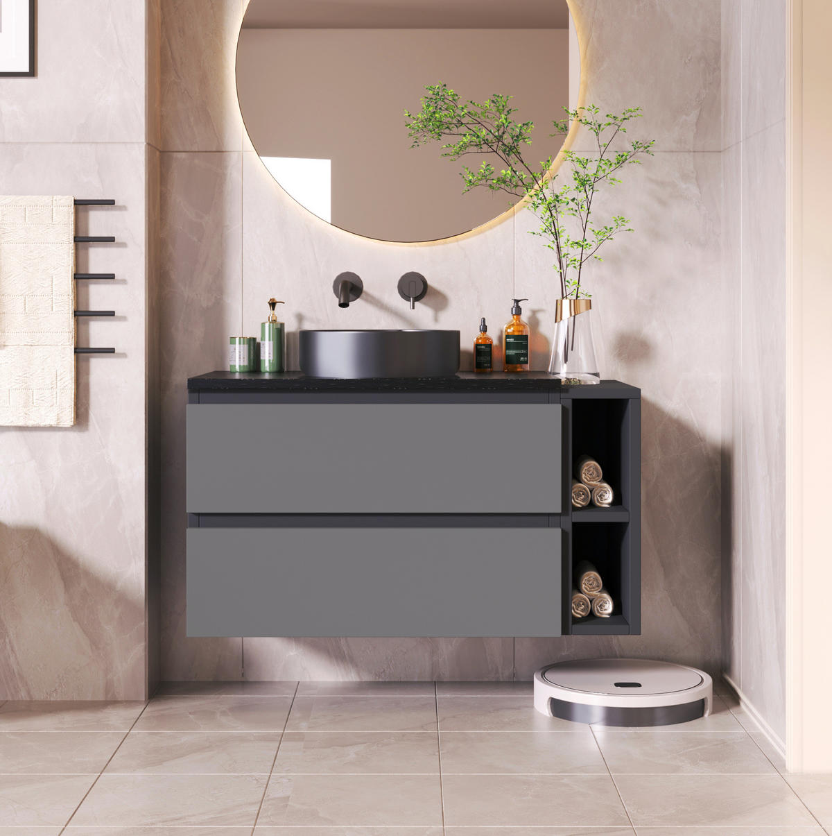 WASCHBECKENUNTERSCHRANK 80 cm Schwarz-Grau mit Keramikbecken - Schwarz, Holzwerkstoff (44/48.5/80cm) - Beauniv