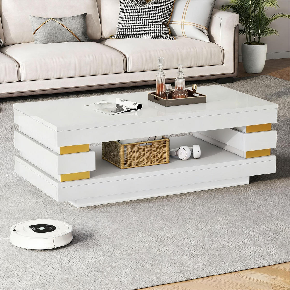 COUCHTISCH LED Weiß 100x50x35cm Stauraum Hochglanz Spanplatte - Weiß, Holzwerkstoff (100/50/35cm) - FLIEKS