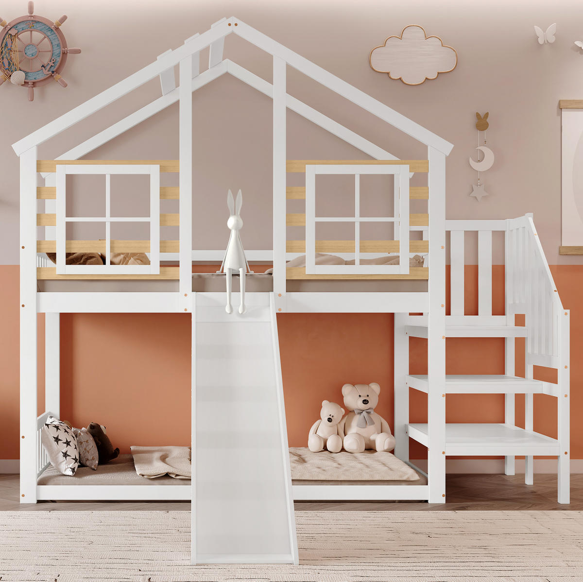 POSCHODOVÁ posteľ 90/200 cm biela/prírodná so šmykľavkou, schodíkmi a oknami z masívneho dreva a MDF - biela, kompozitné drevo (90/200cm) - OKWISH