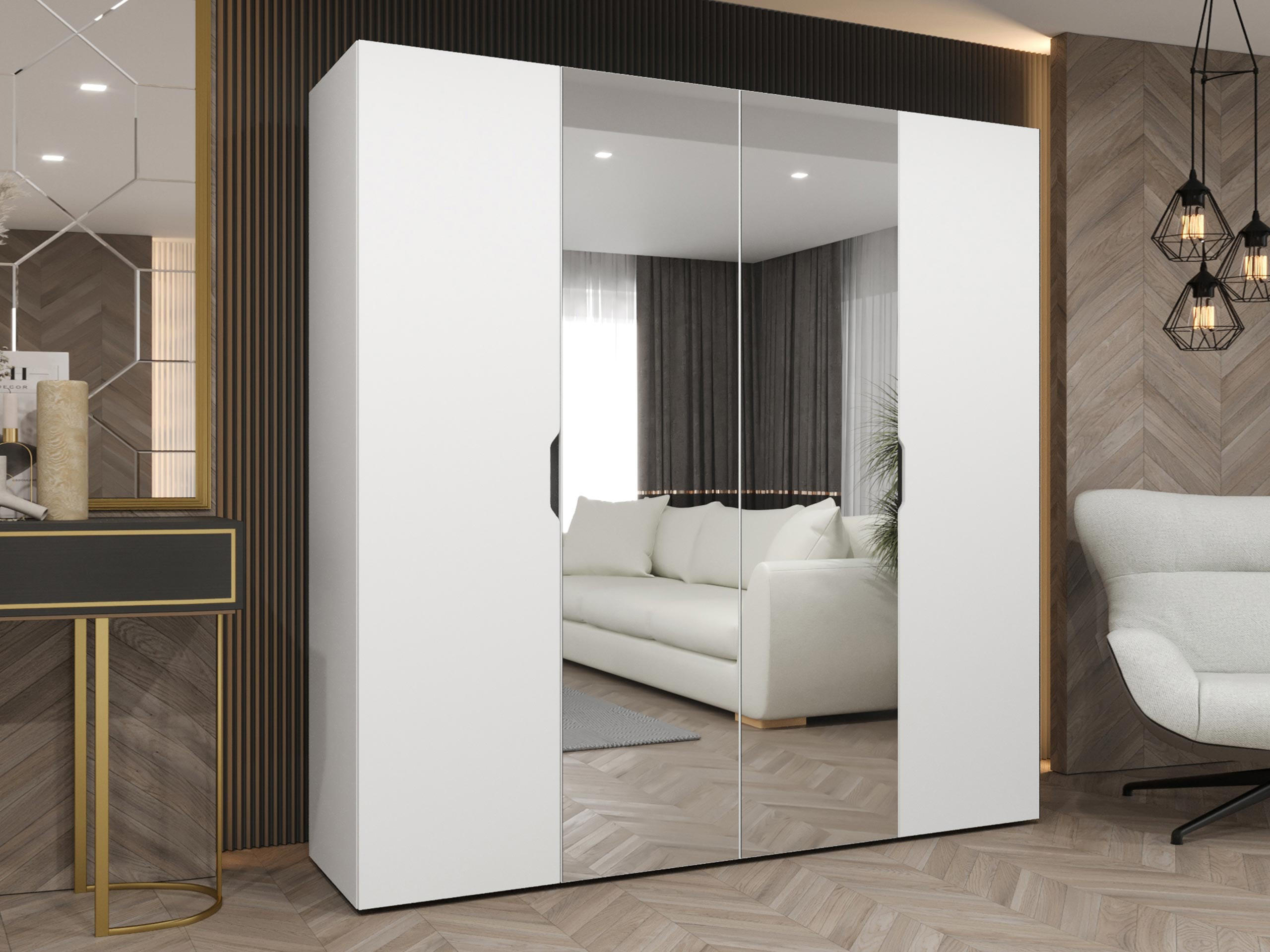 DREHTÜRENSCHRANK Malaga 200 mit Frontspiegel - Weiß, Holzwerkstoff (200/202/52cm) - MIRJAN24