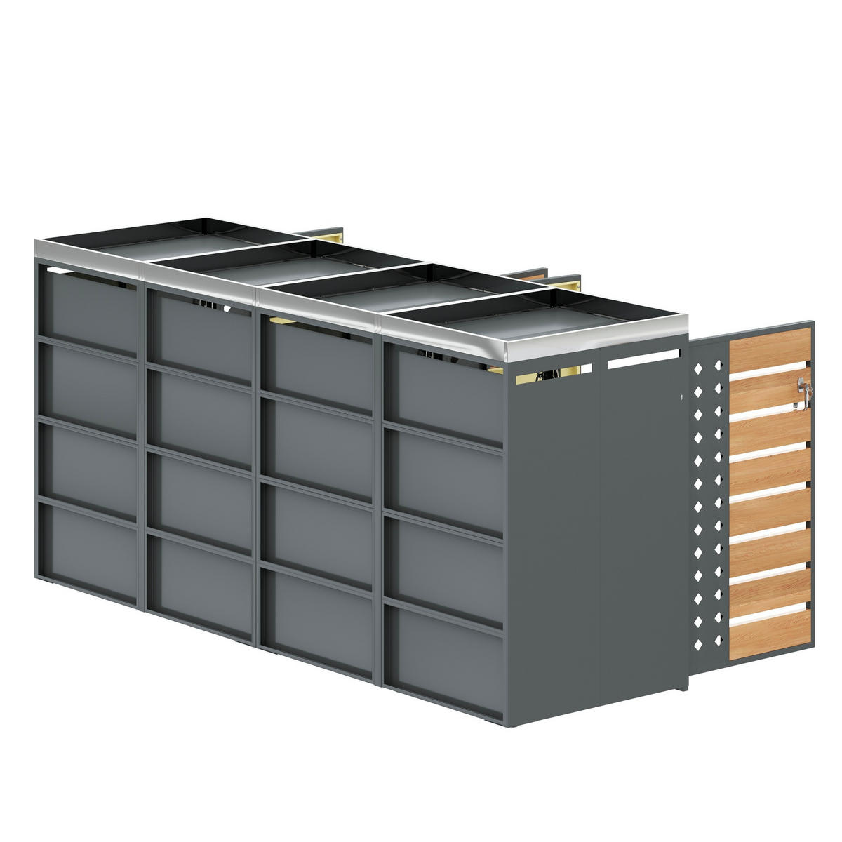 MÜLLTONNENBOX 4 Türen Holzoptik abschließbar Pflanzdach - Multicolor, Metall (160/236/264cm) - FLIEKS