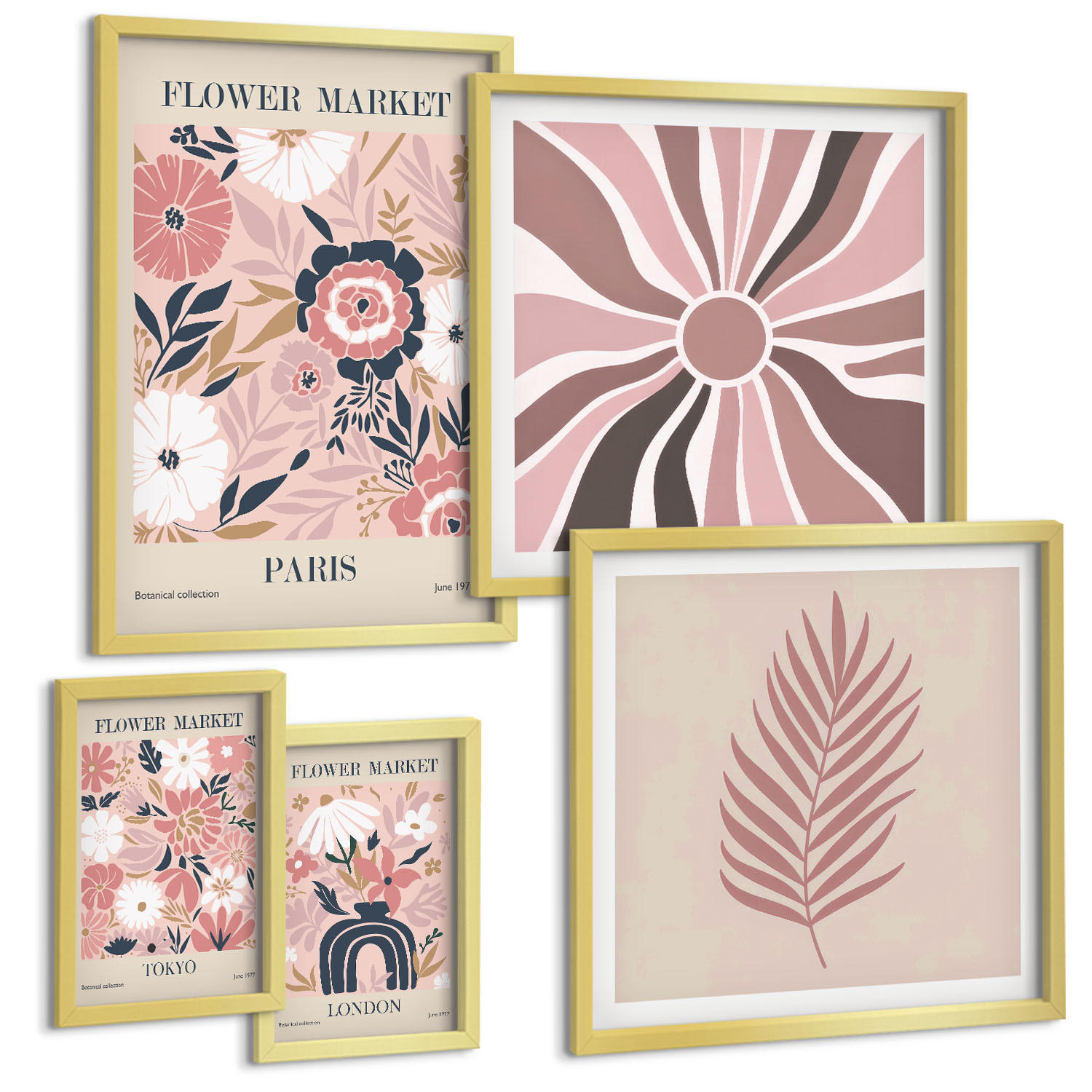 BILDER SET 5er Set - 50x50 cm & 20x30 cm & 40x60 cm Goldrahmen - Blumenmuster, Blätter, Geometrie - Goldfarben, Kunststoff (40/60cm) - TULUP