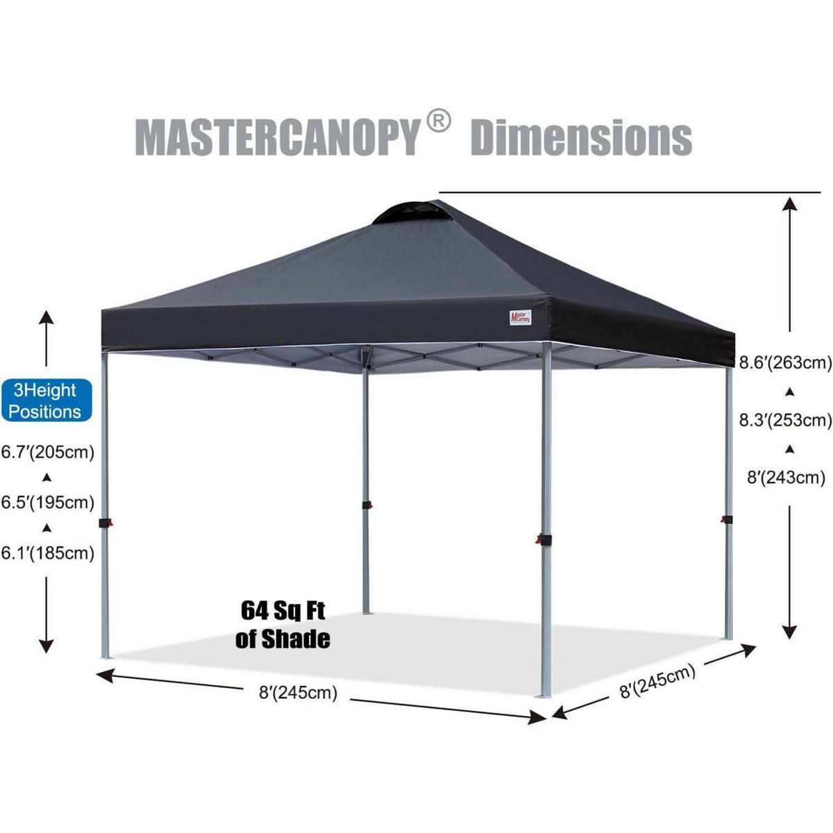 PAVILLON 2,5 x 2,5 m Anthrazit Schnellaufbau 3-fach höhenverstellbar UPF50+ wasserabweisend inkl. Rolltasche - Anthrazit, Textil (250/206/250cm)