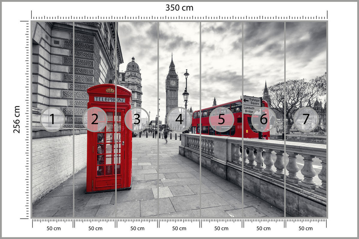 FOTOTAPETE für Wohnzimmer Rote Telefonzelle London Monument BIG BEN Bus 350x256 - Rot/Weiß, Papier (350/256cm) - Muralo