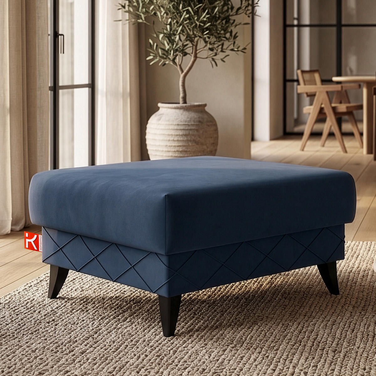 POUF GUSTAVO III Velours, Dunkelblau - Dunkelblau, Holz/Holzwerkstoff (92/49/92cm) - KONSIMO®