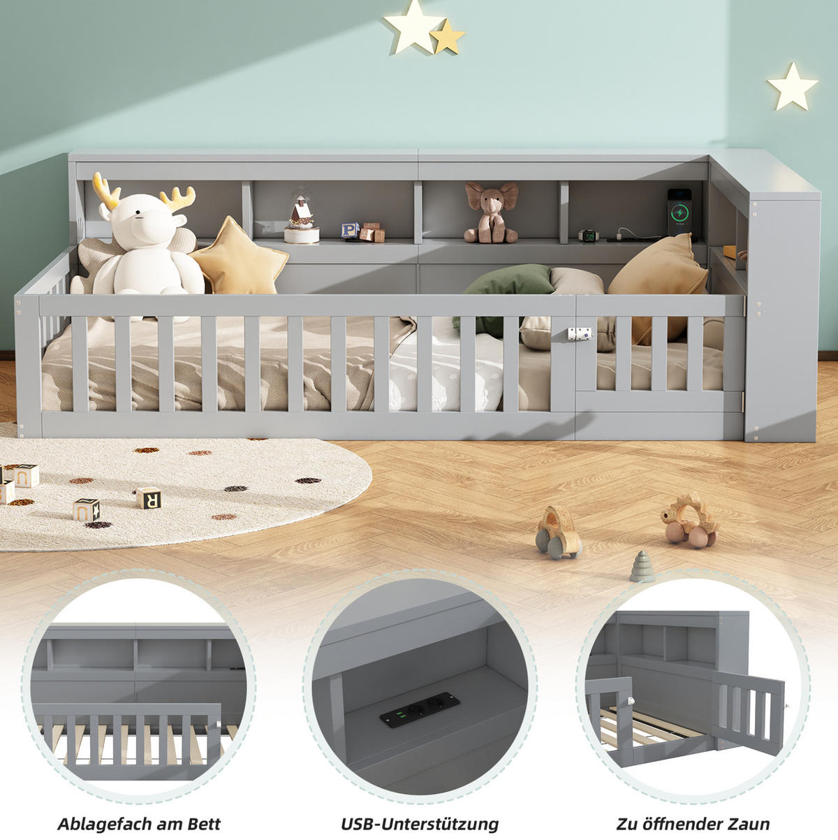 OBLAZINJENA postelja, 90/200 cm, iverna plošča/MDF, siva, z odlagalnim prostorom in USB - siva, leseni material (90/200cm) - BEAOK