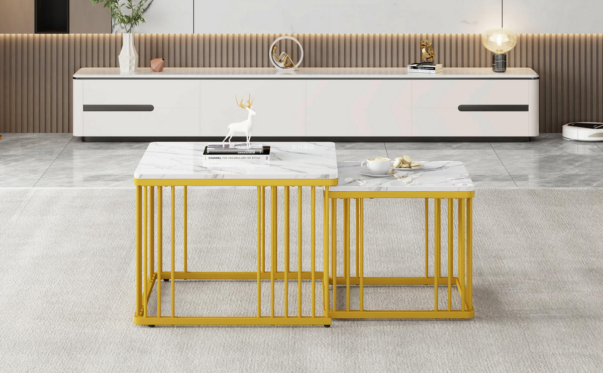 COUCHTISCH-SET 2-teilig, Marmoroptik Hochglanz, ineinander schiebbar, 60/60/45 + 45/45/40 cm, Weiß - Weiß, Holzwerkstoff (60/60/45cm) - Redom