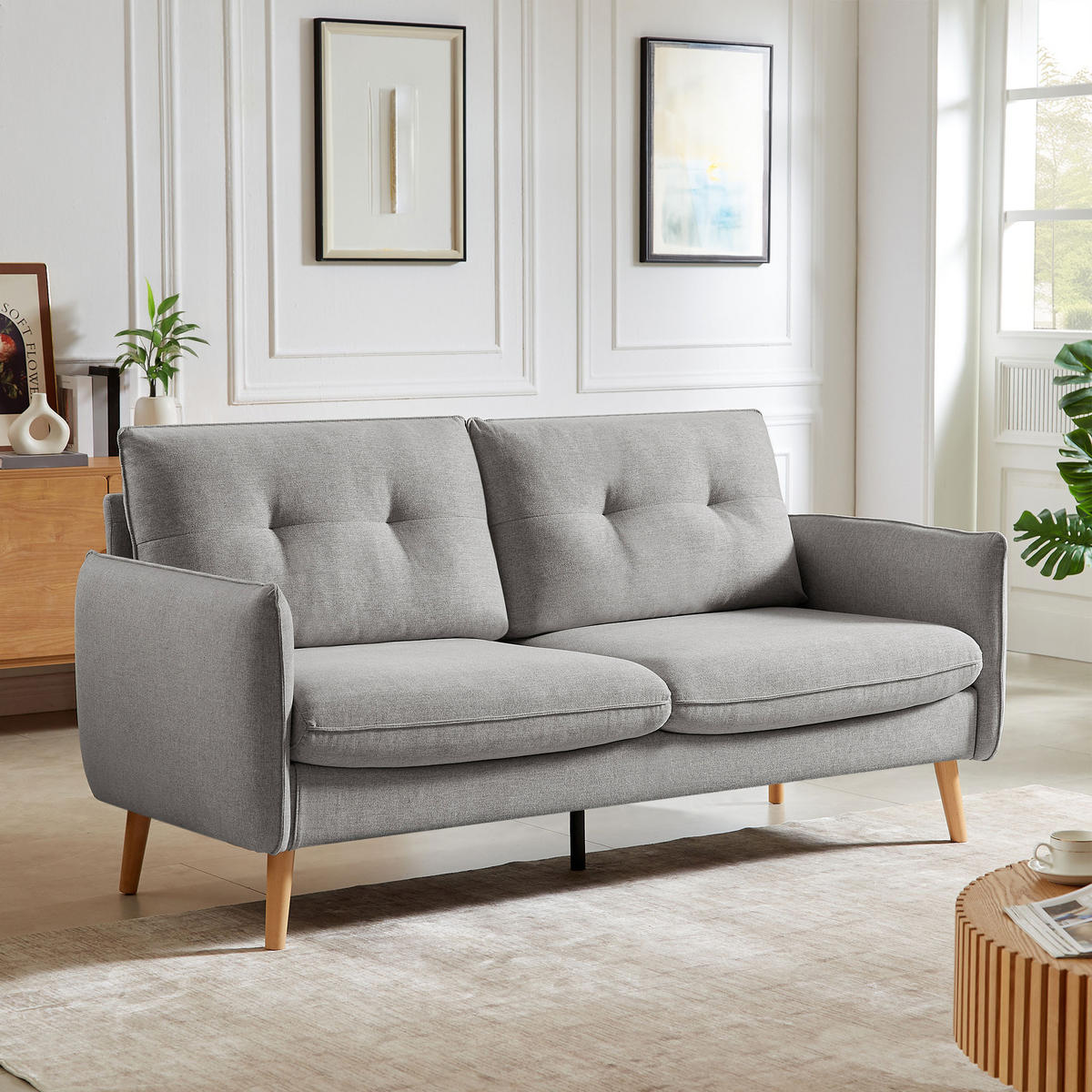 2-SITZER-SOFA Chloé Skandinavisches aus hellgrauem Stoff - Hellgrau/Akaziefarben, Holz/Holzwerkstoff (182/92/82cm) - Sicaan