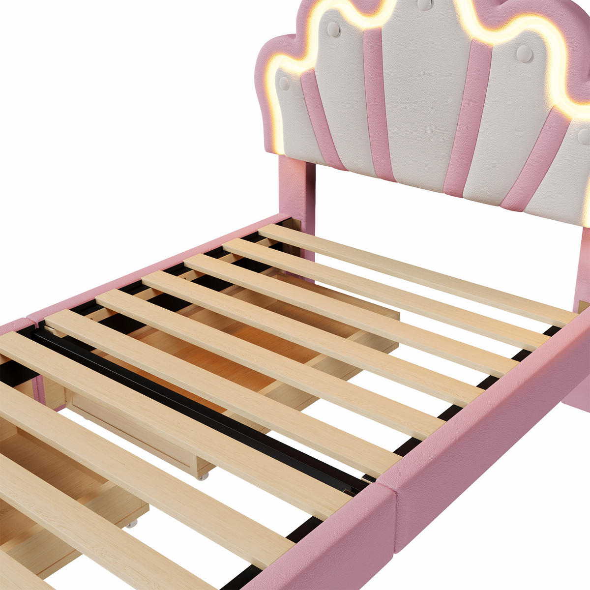 POLSTERBETT 90x200cm Rosa PU Fernbedienung Kronenform 2 Schubladen - Pink, Holz (90/200cm) - FLIEKS