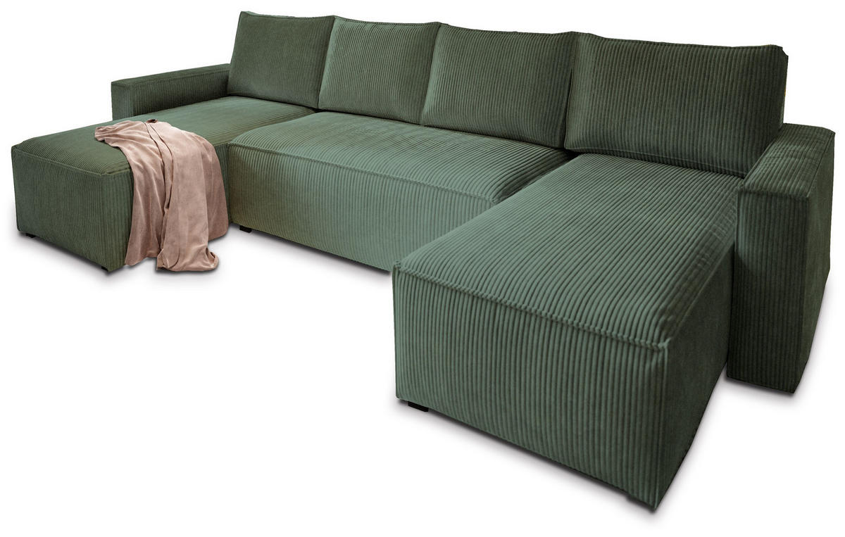 ROHOVÁ SEDAČKA ASPRA tmavě zelená - šedá/tmavě zelená, dřevo/textil (295/140cm) - MASSENO