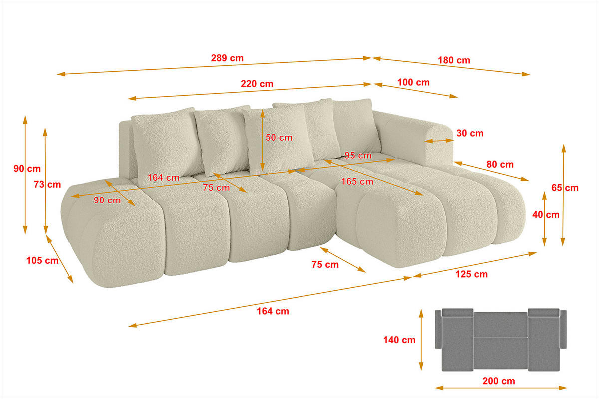 ECKSOFA Ottomane Rechts CLOUD-L-v1 289x180x40 Beige Bouclé - Beige, Holzwerkstoff/Kunststoff (289/180cm) - ALTDECOR
