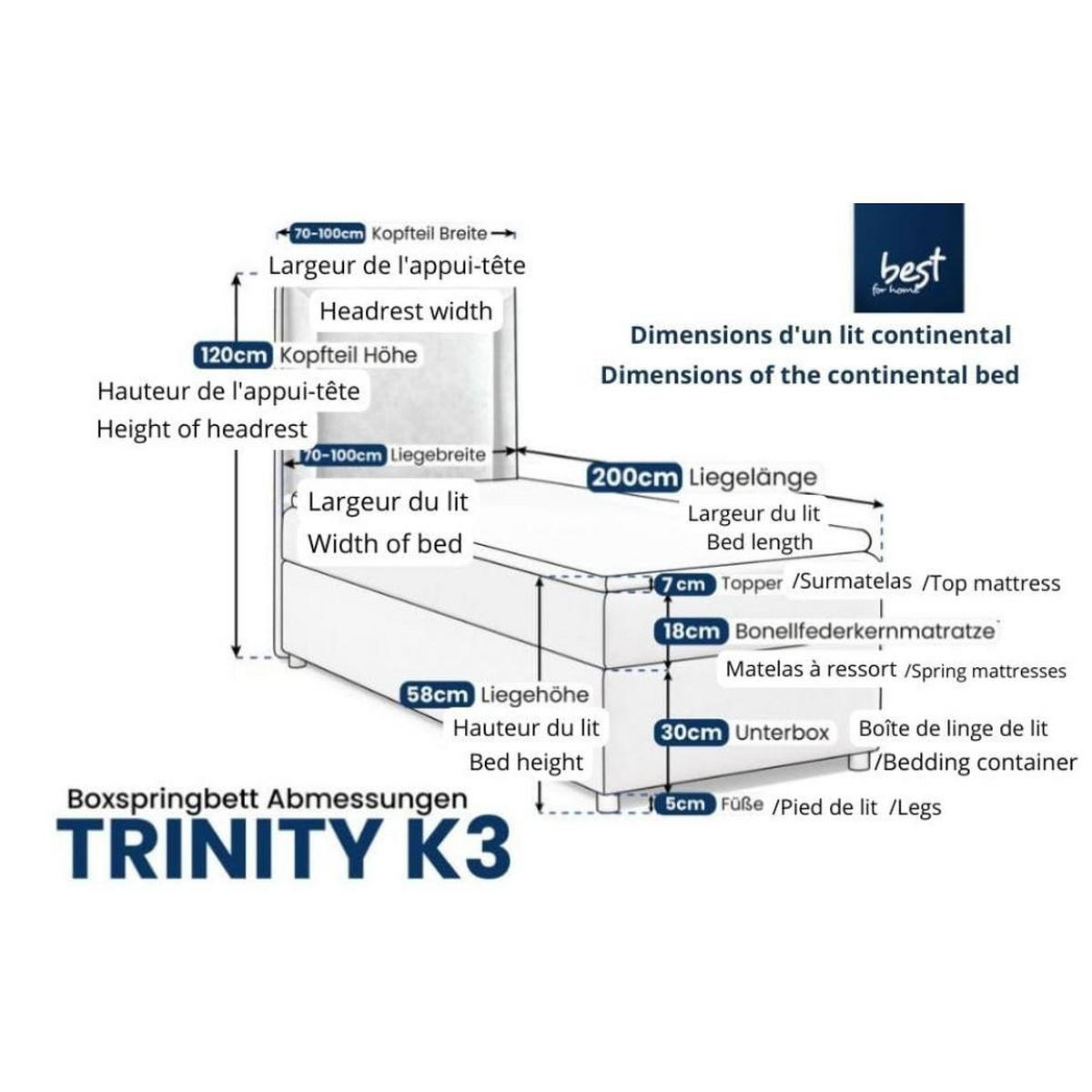 BOXBETT mit Bettkasten Trinity K-3 SINGLE Bonellfederkern inkl. Topper - Creme, Holz/Holzwerkstoff (90/200cm) - Best For Home