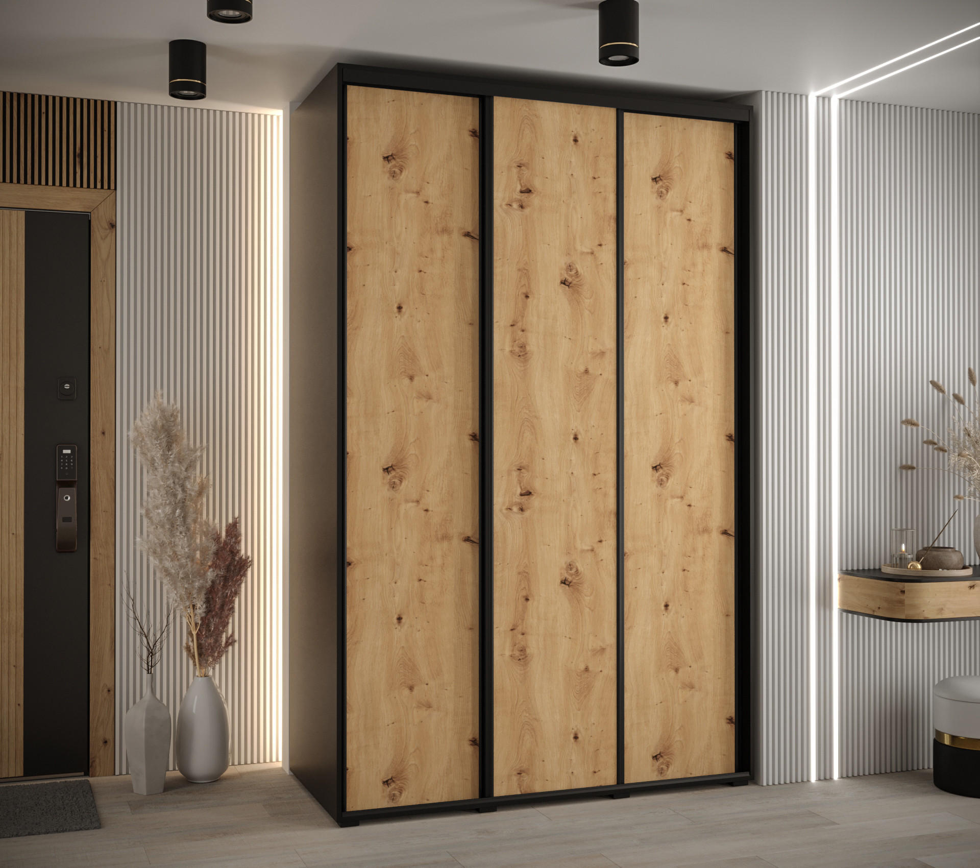 SCHWEBETÜRENSCHRANK 235,2/150/45 3-türig - Schwarz/Eiche Artisan, Holz/Metall (150/235/45cm) - Abiks Möbel