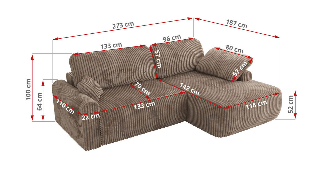 ECKSCHLAFSOFA CUBO L Braun Cord - rechts - Schwarz/Braun, Kunststoff/Textil (187/273cm) - MKS
