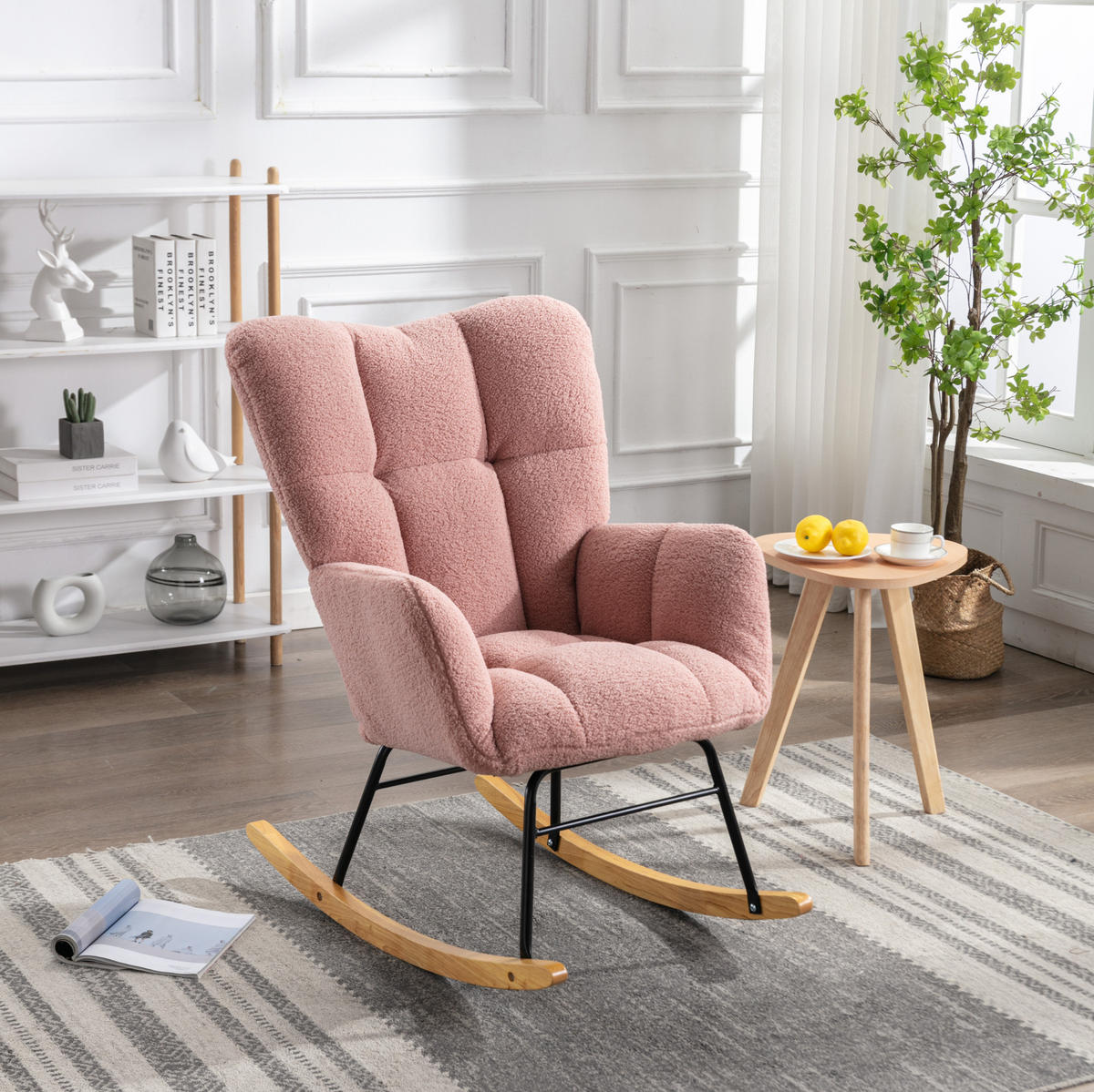 SCHAUKELSTUHL 80/70/95 cm in Rosa aus Teddystoff mit Holz-Kufen - Rosa, Textil (70/95/80cm) - Flora Grace