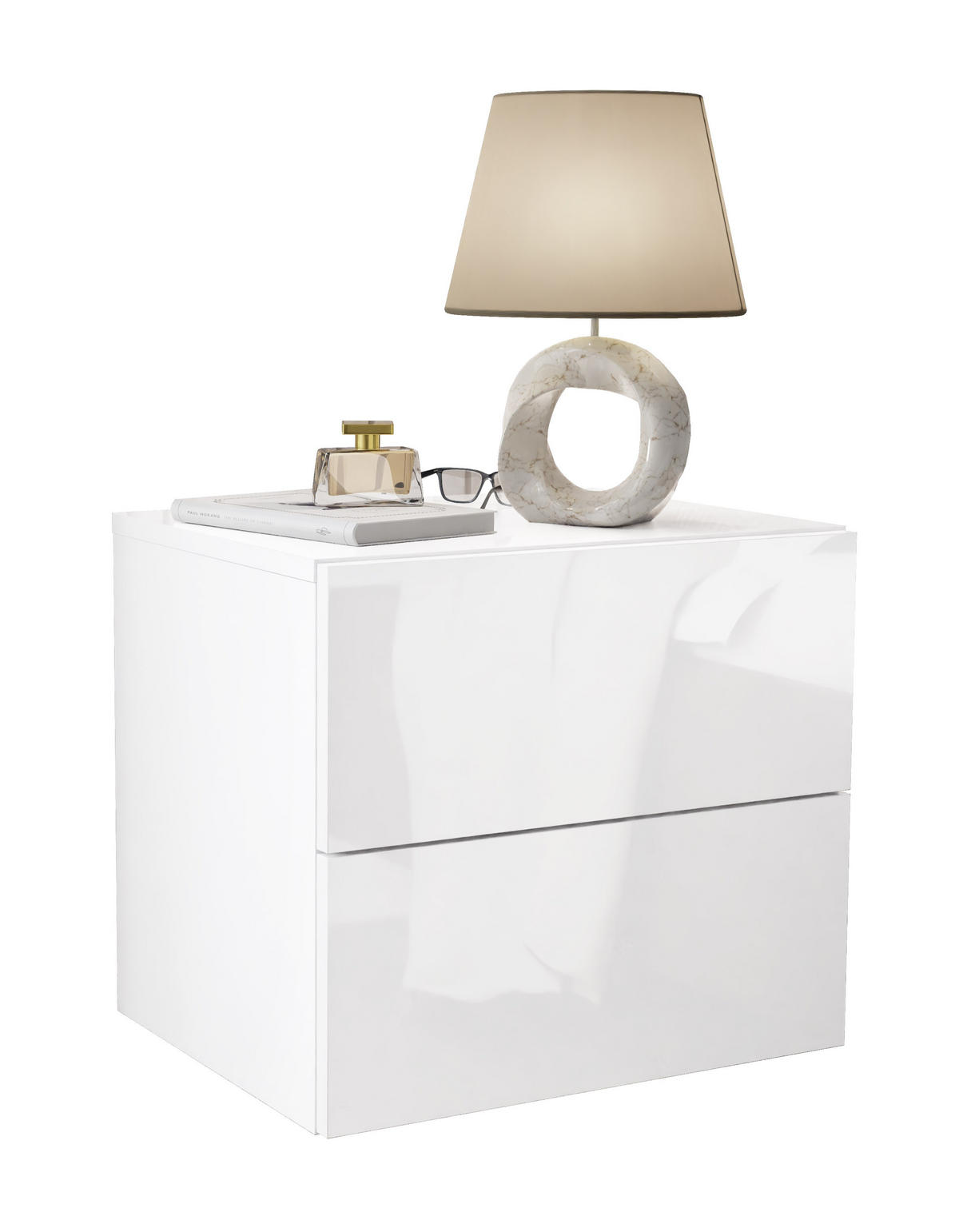 NACHTTISCH LINA LUX hängend mit Hochglanzplatte, Push Open - Weiß, Holzwerkstoff (45/42/39cm) - Lookway