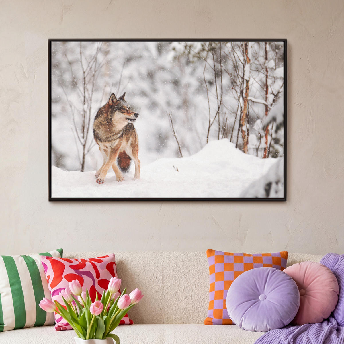 LEINWAND Bilder mit Rahmen - Wolf - Winter - Schnee - Natur - Tiere - 90x60 - Haselnussfarben, Textil (90/60cm) - MuchoWow