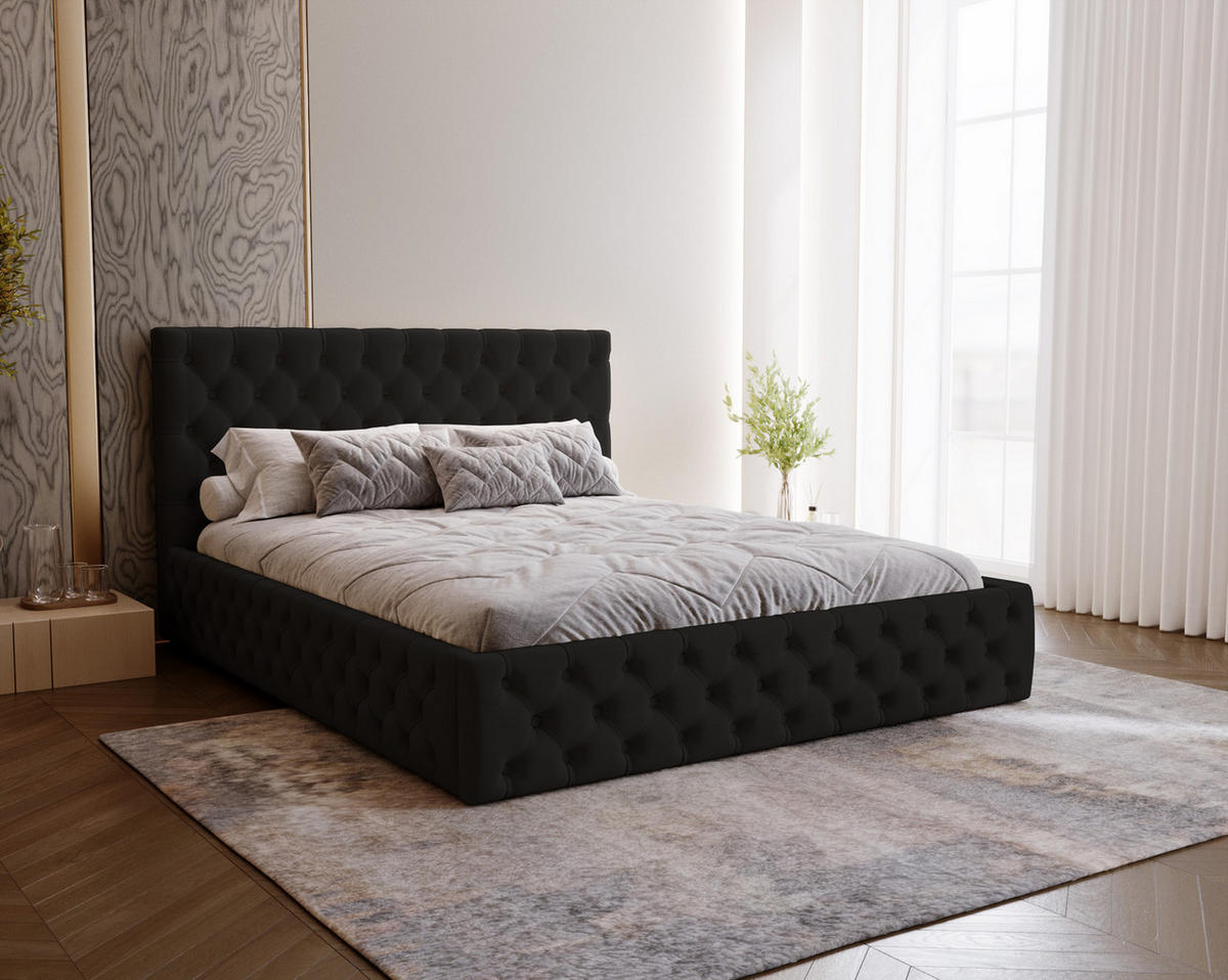 POLSTERBETT 180x200 Verti Slim, Chesterfield, Schwarz - Schwarz, Holz/Textil (180/200cm) - Emporius