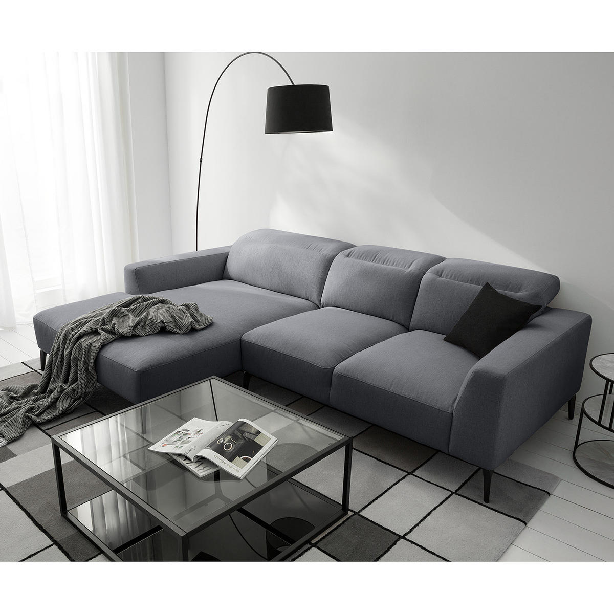 ECKSOFA mit Longchair - Schwarz/Grau, Textil/Metall (265/180cm) - home24