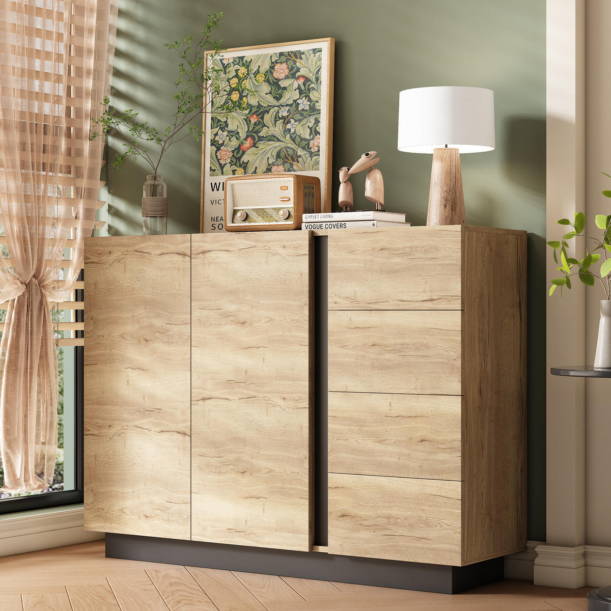 KOMMODE Sideboard 2 Türen Schwarz Natur 110x35.5x90.5cm - Multicolor, Holzwerkstoff (35.5/90.5/110cm) - FLIEKS