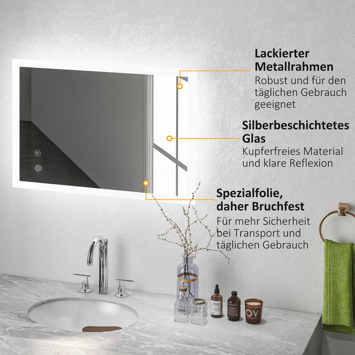BADSPIEGEL, Badezimmerspiegel mit LED-Beleuchtung, Memory-Funktion, 70 x 50 cm - Silberfarben, Glas (50/3/70cm) - Kleankin
