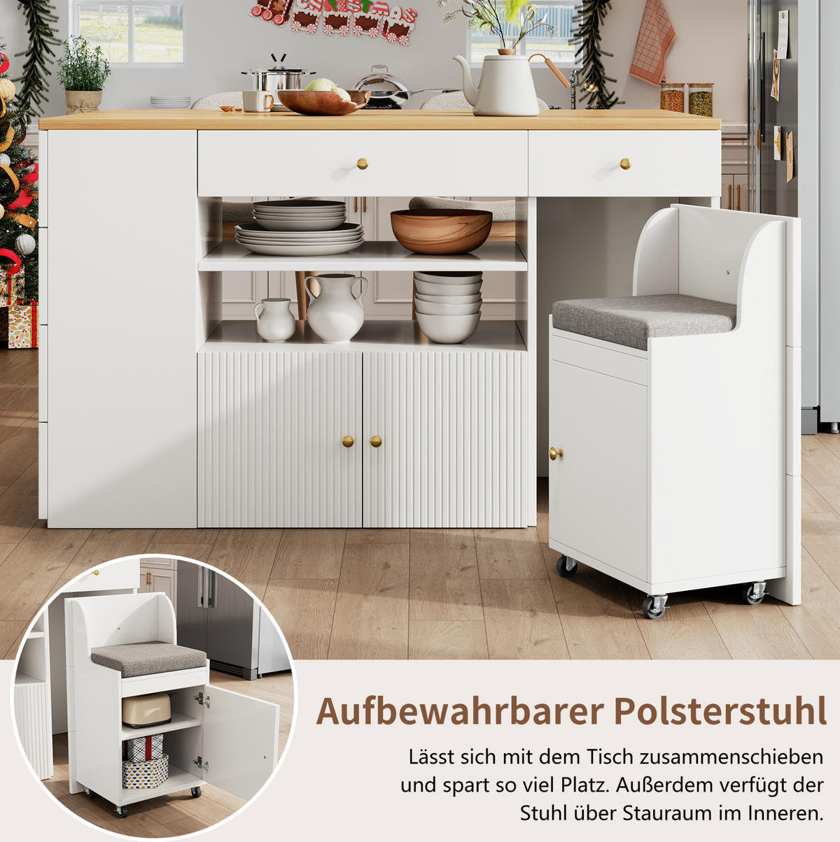 KÜCHENINSEL 140x70x89cm Weiß mit 6 Schubladen, Hocker & Metallgriffen - Weiß, Holzwerkstoff (140/89/70cm) - Modfu