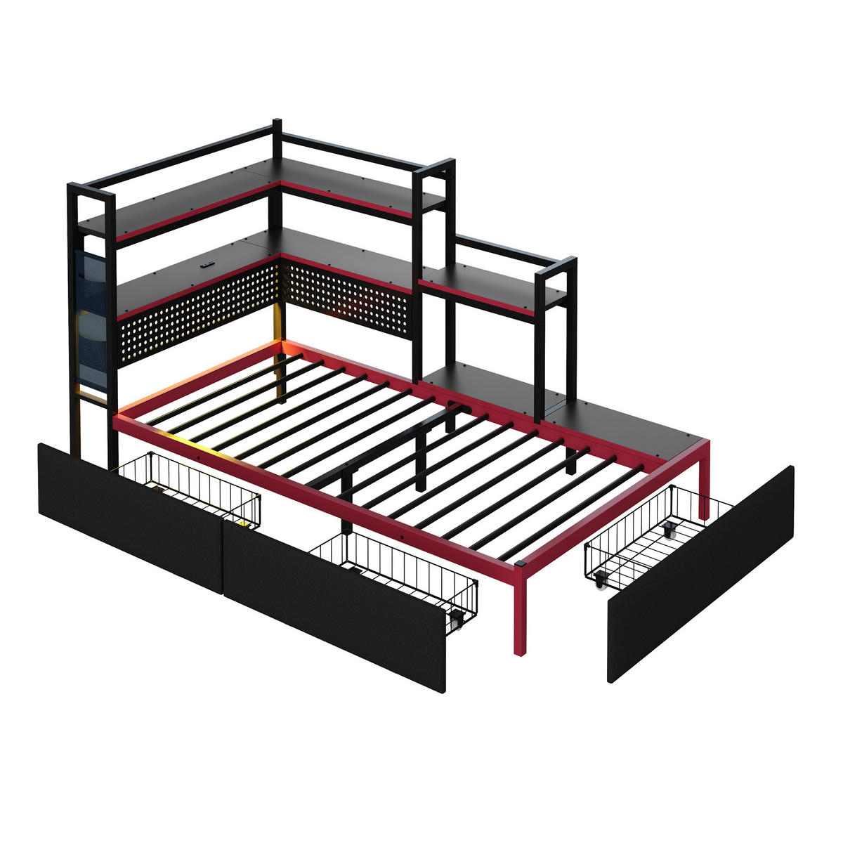 METALLBETT 90/200 cm in Schwarz mit Schubladen, LED, USB und Lochwand - Schwarz, Metall (90/200cm) - WISHDOR