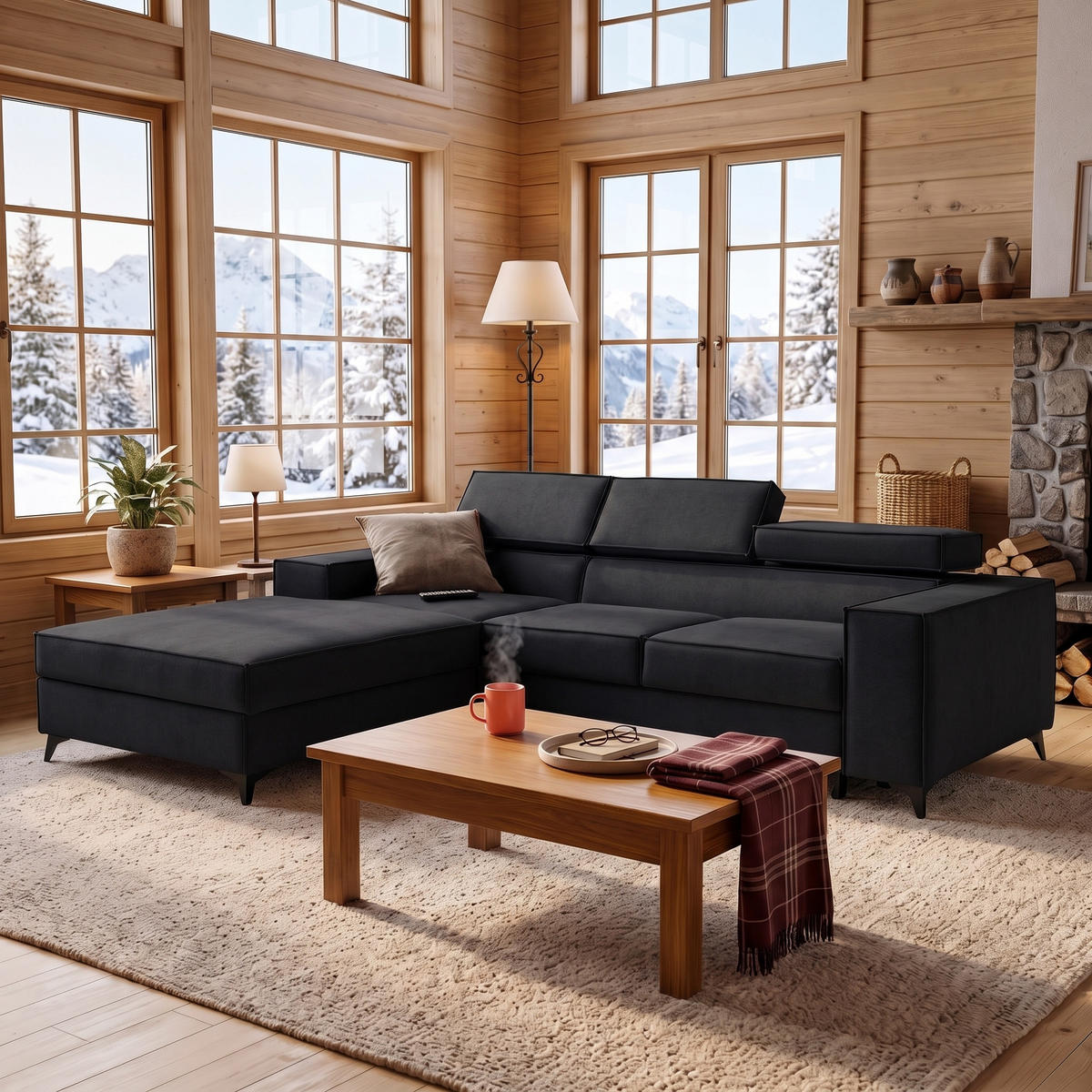 ECKSOFA PURE S Links mit Schlaffunktion 127x215 Velours Graphit - Graphitfarben/Schwarz, Holz/Textil (281/204cm) - Muffo
