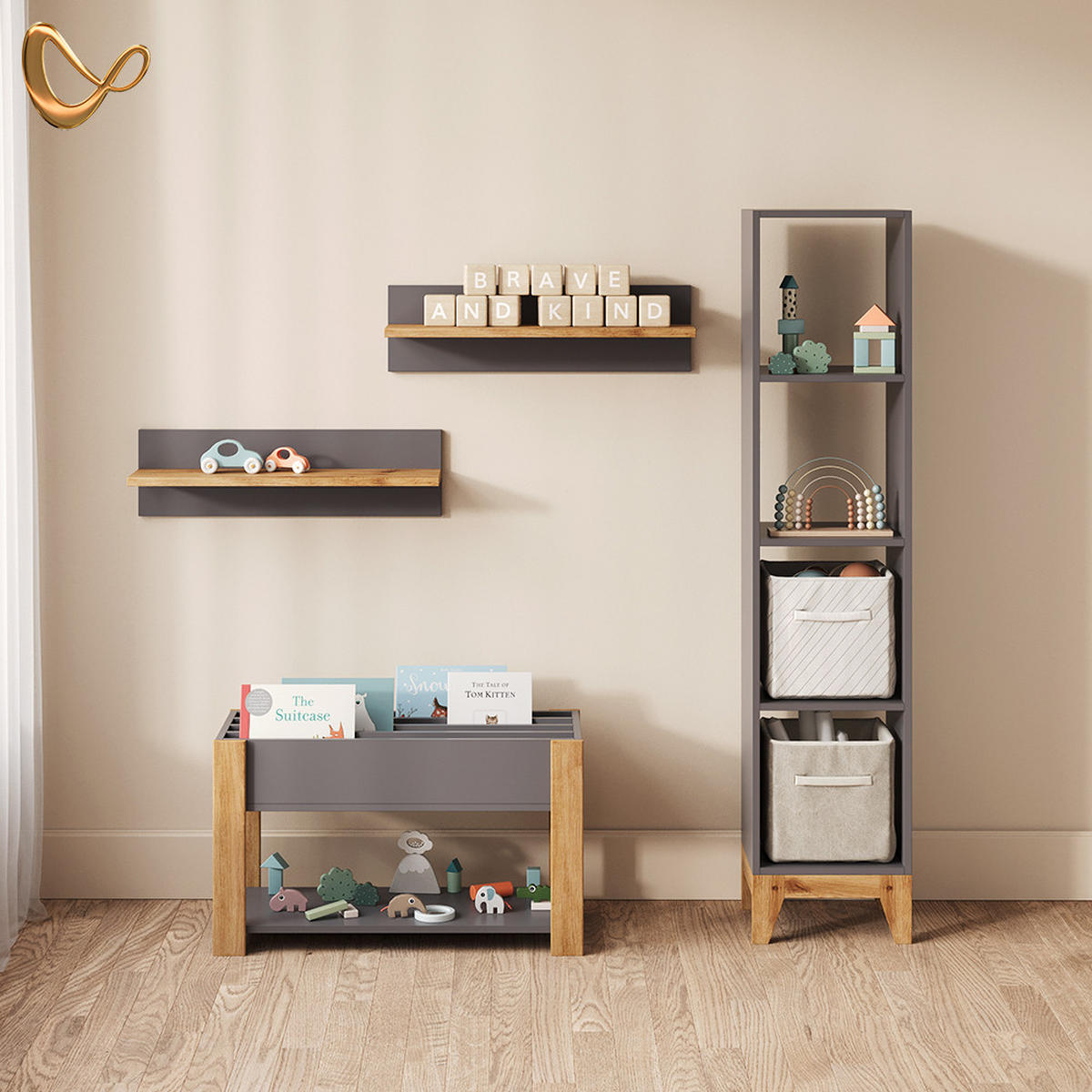 KINDERREGAL Mailo Grau/Artisan 35.2 x 159.5 cm - Eiche Artisan/Grau, Holzwerkstoff (35.2/159.5/30cm) - Livinity®