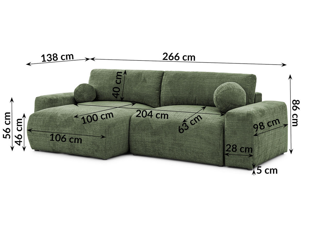 ECKSOFA Puffy mit Schlaffunktion und Bettkasten - besonders weich und puffig aus Grün Chenille-Stoff - Ottomane links - Schwarz/Grün, Holz/Kunststoff (138/266cm) - S-Style Möbel