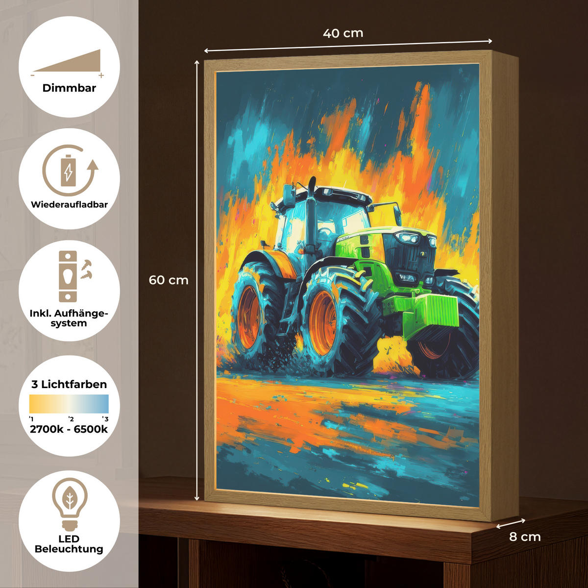 NÁSTĚNNÁ LAMPA S AKUMULÁTOREM Abstrakt - Traktor - Zelený 40x60 cm - tmavě modrá, kompozitní dřevo (40/60/8cm) - OnlyWow