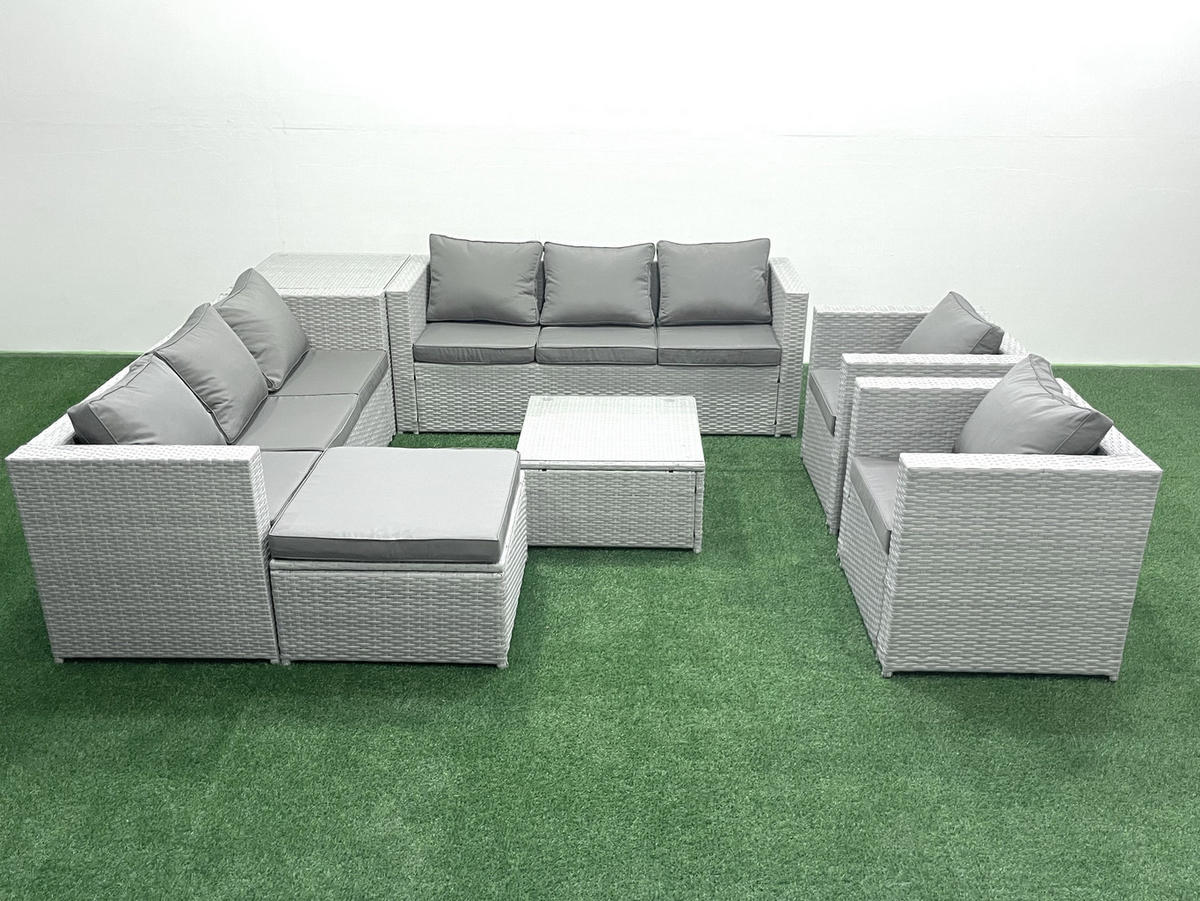 GARTENMÖBEL-SET mit Kissen Polyrattan Hellgrau-Mix 9-Sitzer - Hellgrau/Grau, Glas/Kunststoff - Fimous