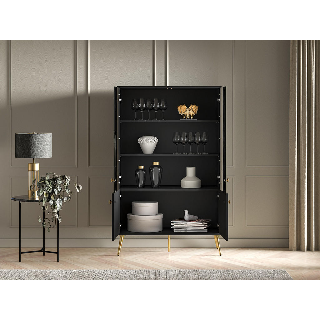 Thumbnail - Feldmann-Wohnen Vitrine, Schwarz, Gold, Holz, 4 Fächer, Rechteckig, 92x149x40 cm, Wohnzimmer, Wohnwände, Vitrinenschränk...