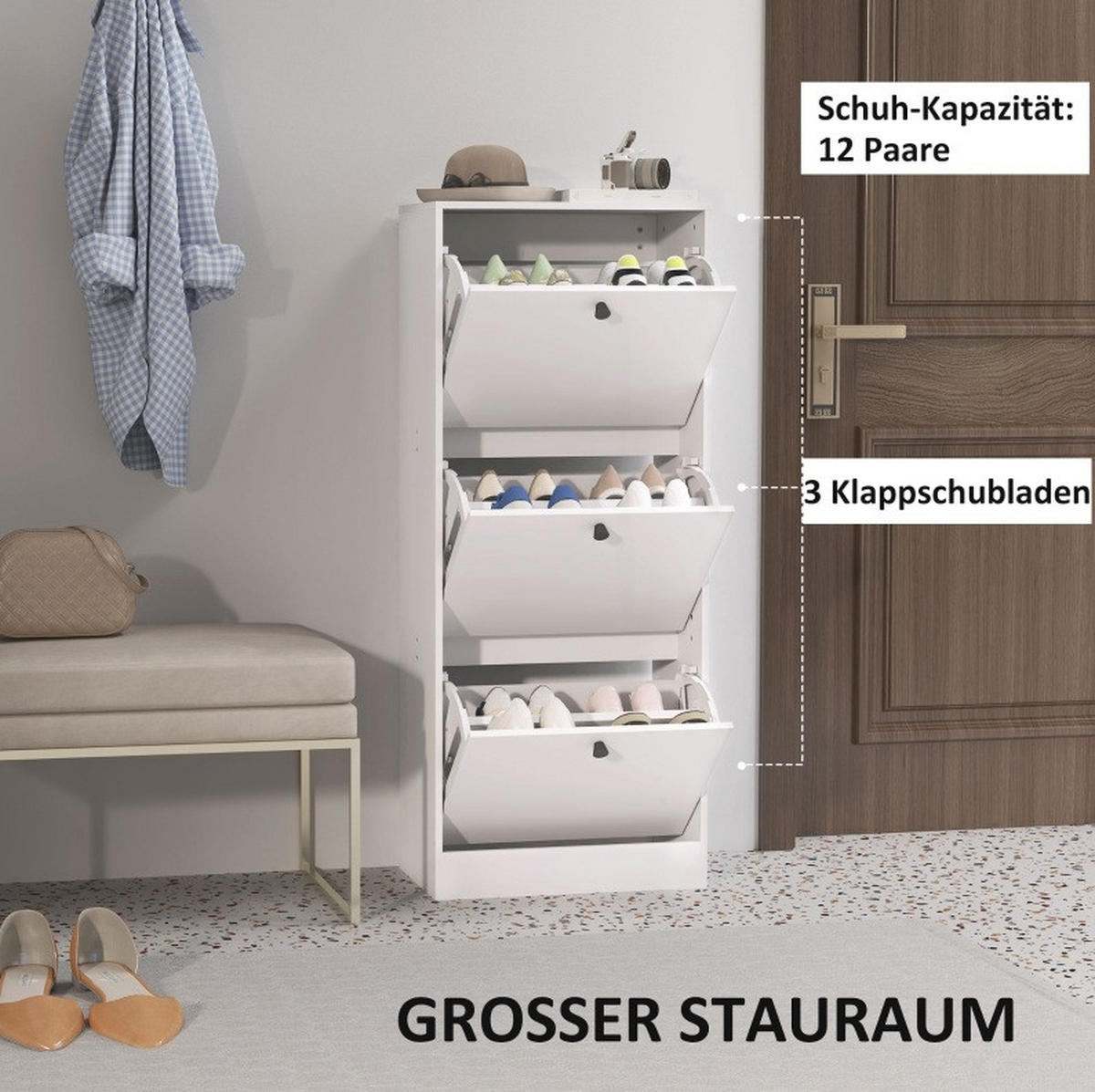 SCHUHSCHRANK 47/28/115 cm mit 3 Klappen, verstellbaren Einlegeböden und Kippschutz aus Holzwerkstoff, Weiß - Weiß, Holzwerkstoff (47/115/28cm) - Redom