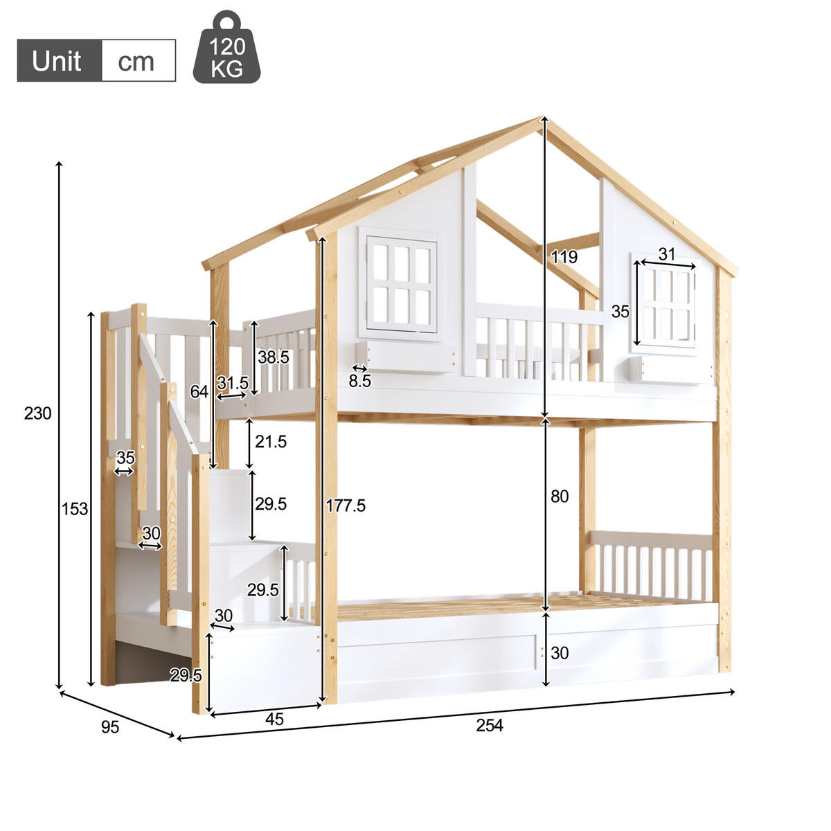 HAUSBETT 90/200 cm aus Kiefer mit Stauraumtreppe und LED-Beleuchtung - Weiß, Holzwerkstoff (90/200cm) - BEAOK