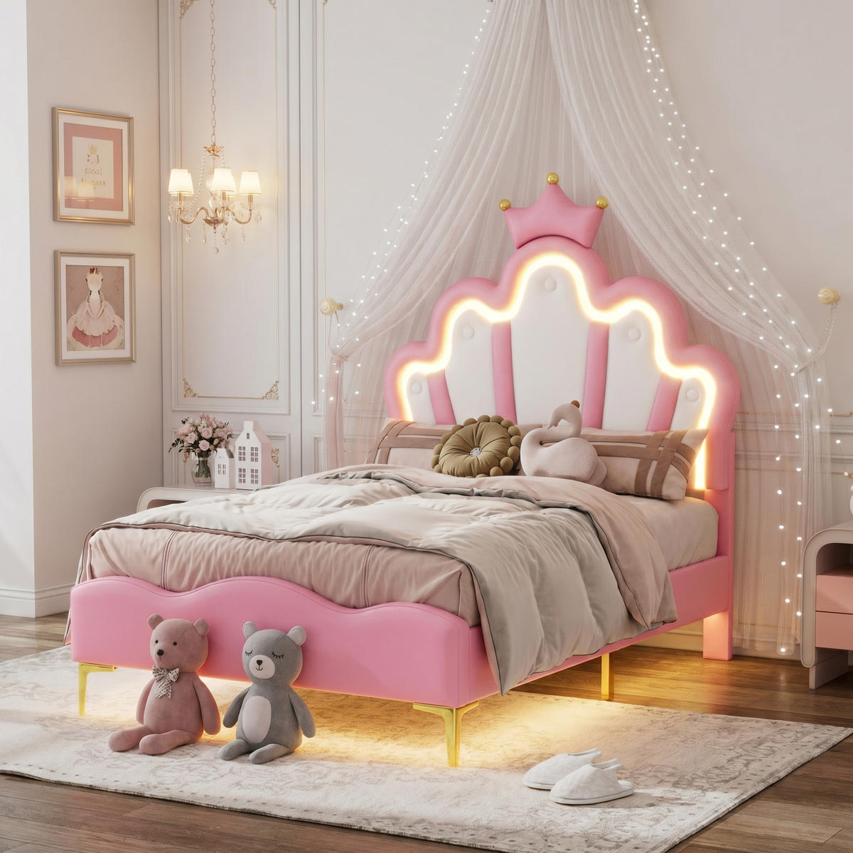 KINDERBETT 90 x 190 cm, Prinzessinnen, mit RGB-LED-Beleuchtung, gepolsterter Krone, höhenverstellbarem Bettgestell, Rosa - Pink, Leder/Holz (190/90cm) - BursDany