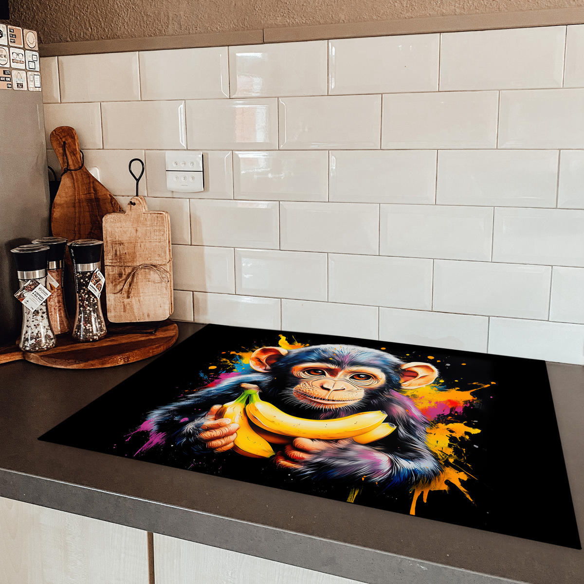 HERDABDECKPLATTE Affe - Graffiti - Farbenfroh - Bananen - Modern 75x52 cm - Gelb, Kunststoff (75/0.2/52cm) - MuchoWow