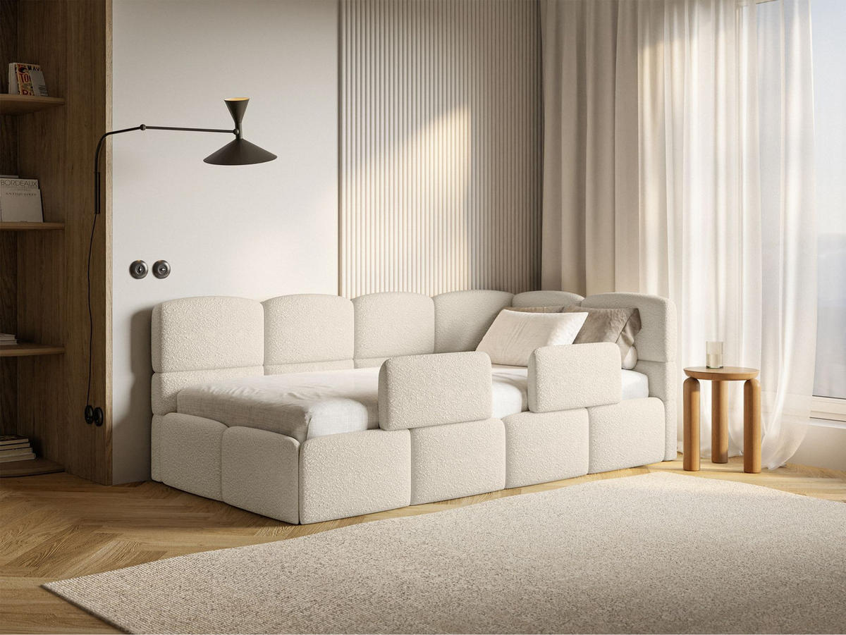 JUGENDBETT Cloudy rechts mit Rausfallschutz Bouclé Hellbeige - Ecru, Kunststoff/Textil (90/200cm) - Selsey