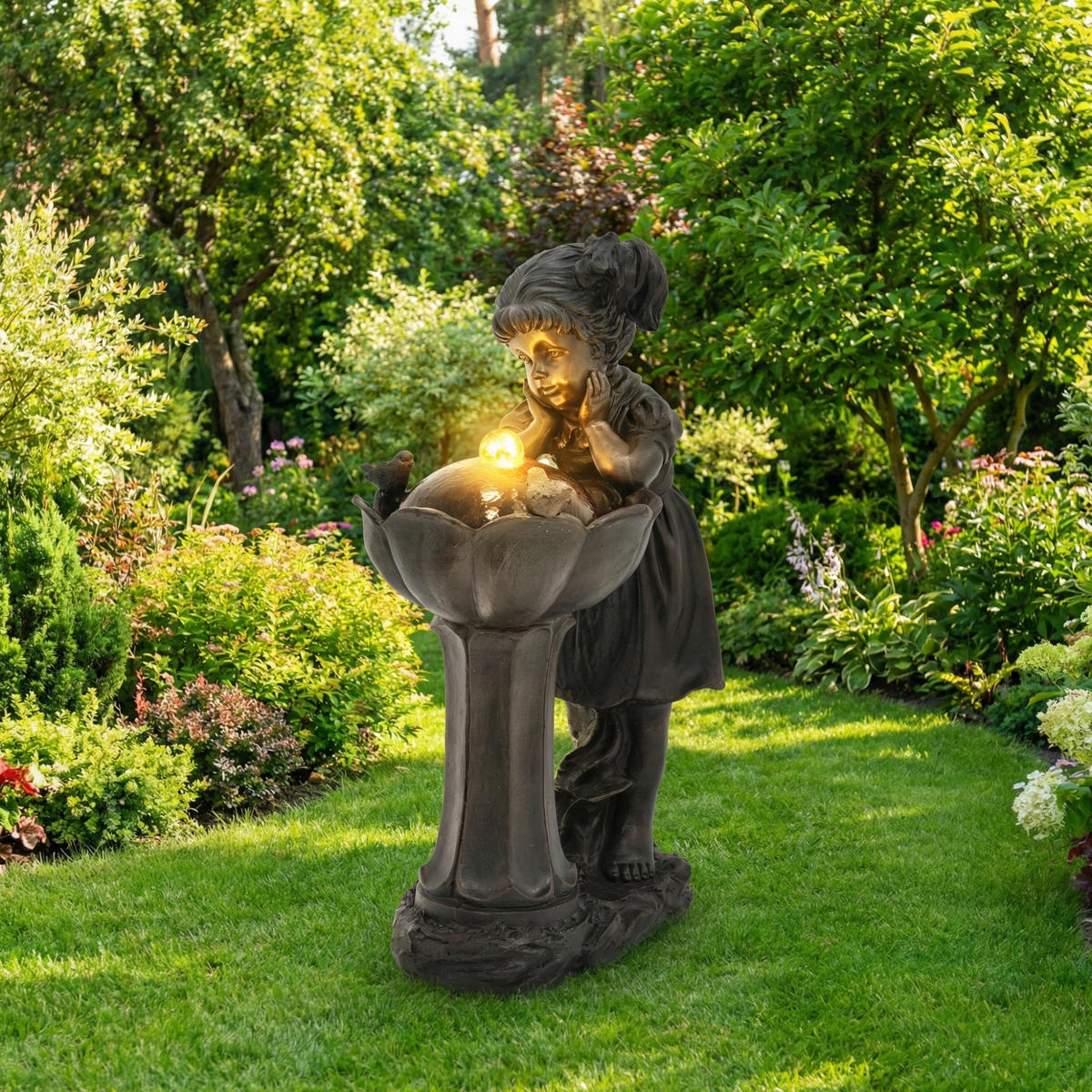 GARTENBRUNNEN LED Kupfer Mädchen Figur 65.5cm Außen Terrasse - Bronzefarben, Naturmaterialien (30/42/65.5cm) - FLIEKS