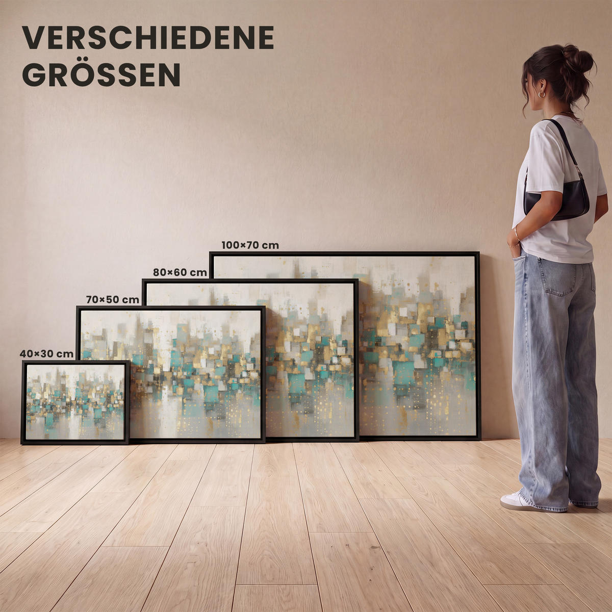 LEINWAND Bilder mit Rahmen - Abstrakt - Blöcke - Gold - Skyline - 100x70 - Beige, Textil (100/70cm) - MuchoWow