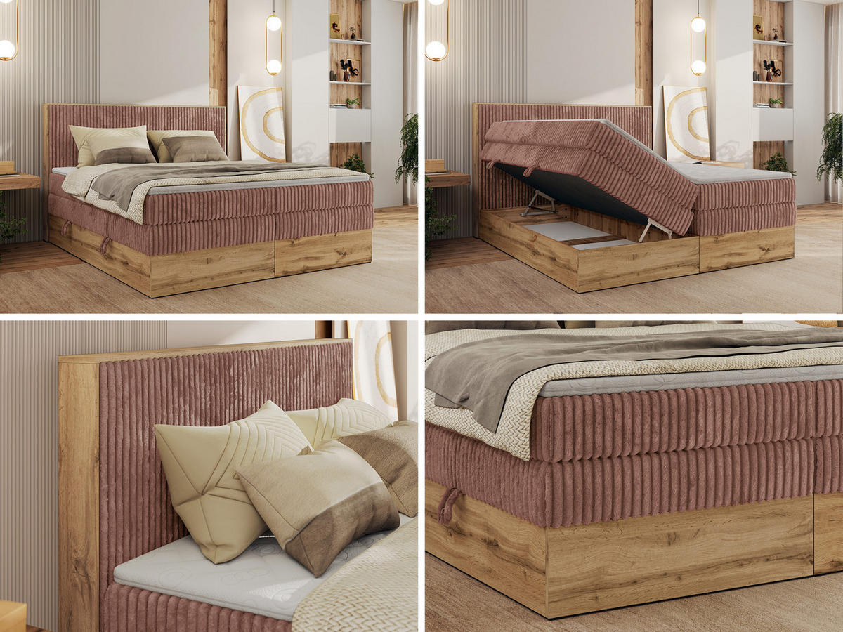 BOXBETT WOOD CLASSIC KING 160/200 - Rosa Cord - H3 - Rosa, Textil (160/200cm) - MKS