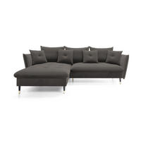 ECKSOFA GLAM mit Schlaffunktion, Ottomane & goldenen Füßen – Samtsofa im Glamour-Stil mit Zierkissen, 258x167x91cm, Linke, DUNKELGRAU - Dunkelgrau, Holz/Textil (167/258cm) - DomoHome