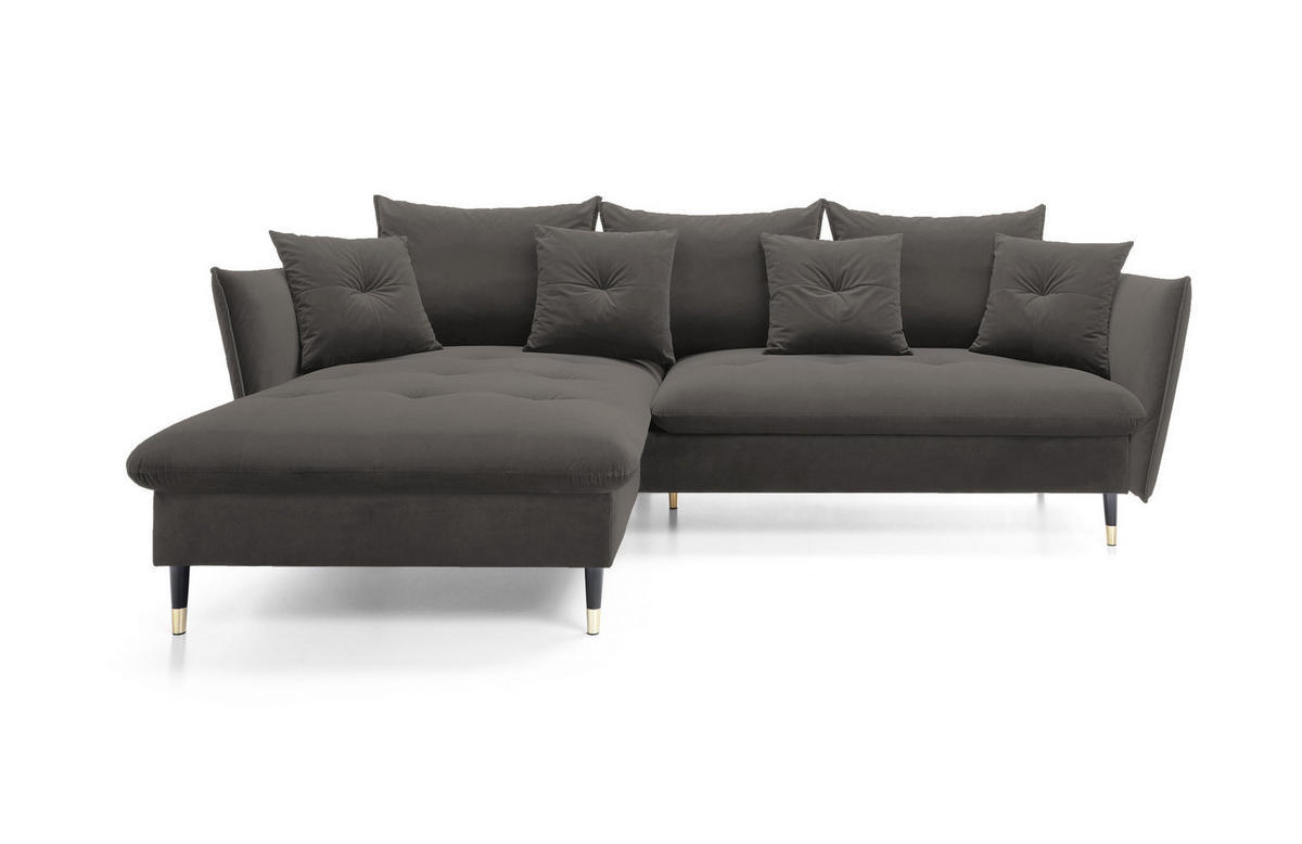 ECKSOFA GLAM mit Schlaffunktion, Ottomane & goldenen Füßen – Samtsofa im Glamour-Stil mit Zierkissen, 258x167x91cm, Linke, DUNKELGRAU - Dunkelgrau, Holz/Textil (167/258cm) - DomoHome