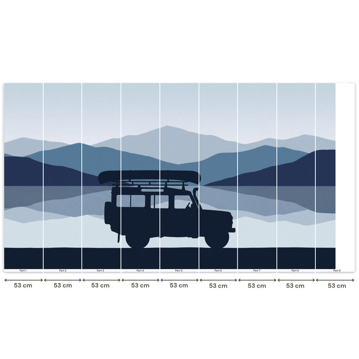 KINDERTAPETE - Auto - See - Berge - Blau - 450x240 cm - Blaugrau, Papier (450/240cm) - OnlyWow