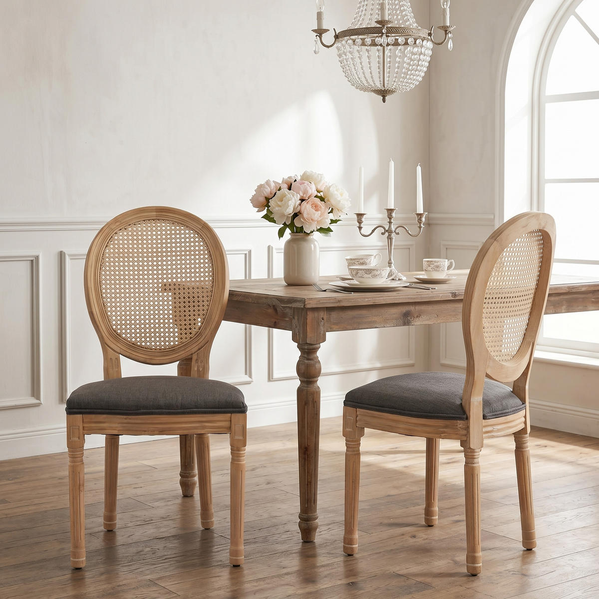 ESSZIMMERSTÜHLE 2er Set Medaillonstuhl mit Wiener Geflecht, Grau - Beige/Naturfarben, Holz (49/95/59.5cm) - LVHOM