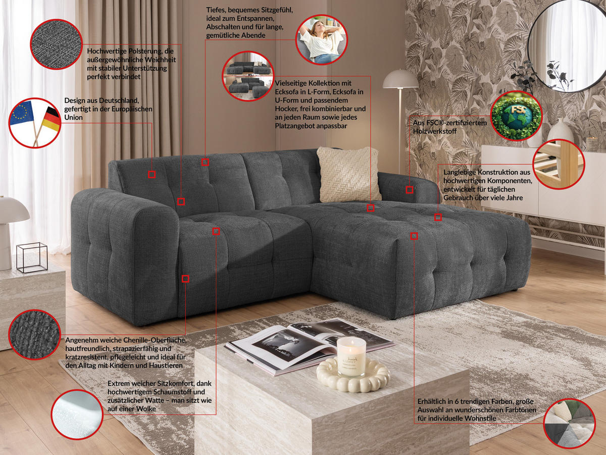 ECKSOFA inkl. Hocker Kozy im Bumpy-Design mit Schlaffunktion und fester Rückenlehne aus weichem Grau Chenille-Stoff - Ottomane rechts - Schwarz/Grau, Holz/Kunststoff (234/161cm) - S-Style Möbel