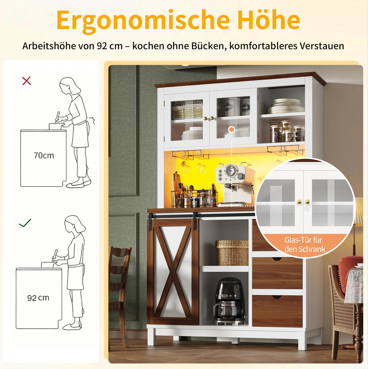 BUFFET 104/40/180 cm aus MDF, Metall und Glas mit LED-Beleuchtung und Schiebetür Weiß - Weiß, Holzwerkstoff (104/180/40cm) - Modenvie