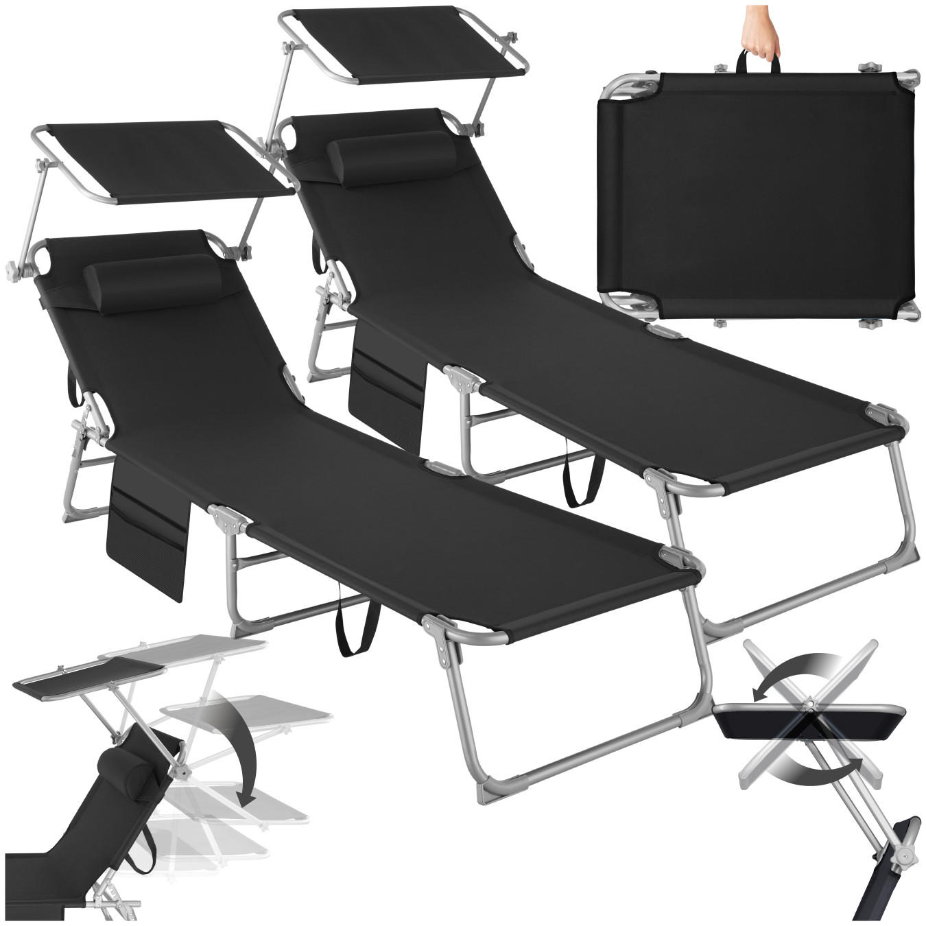 SONNENLIEGE 2er Set Chloé,190 x 68 x 28 cm, mit Seitentasche,schwarz - Schwarz, Kunststoff (68/111/161cm) - tectake